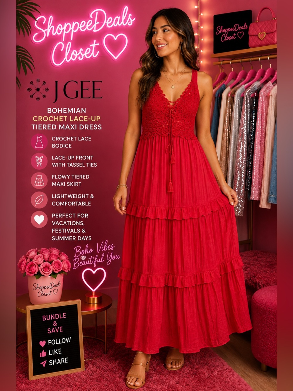 J GEE Bohemian Crochet Lace-Up Tiered Maxi Dress – Coral Red – Size M – NWT